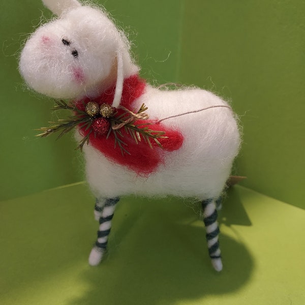 Candycane Sheep with Dark Green striped legs Wool Wrapped/Needle Felted Ornament