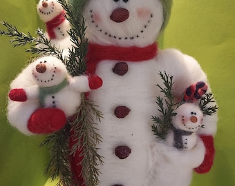 NEW - Snow Mama and Her Snow Babies 13" Felted Wool Snowman
