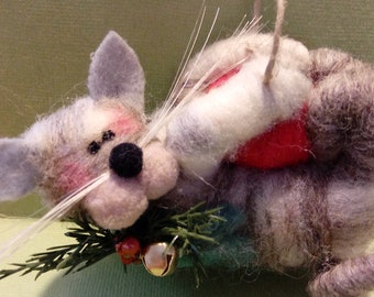 Festive Feisty Kitty Felted Wool Ornament