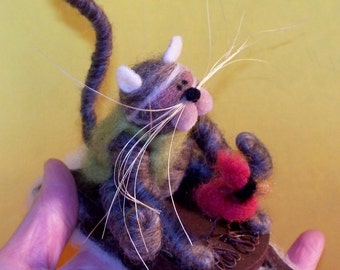 Wool Cat and Cardinal Sledding Buddies Felted Wool Ornament