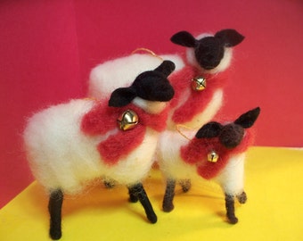 Sheep Family Wool Wrapped/Needle Felted with Christmas Wool Scarfs