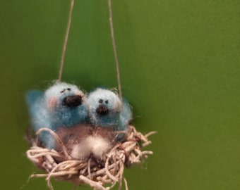 Mommy and Baby Bluebirds Felted Wool 2 inch Ornament