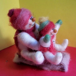 Mom and Baby Wool Snowmen on Sled 3 Ornament image 3