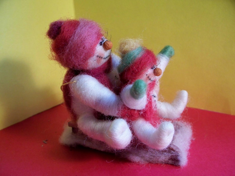 Mom and Baby Wool Snowmen on Sled 3 Ornament image 3
