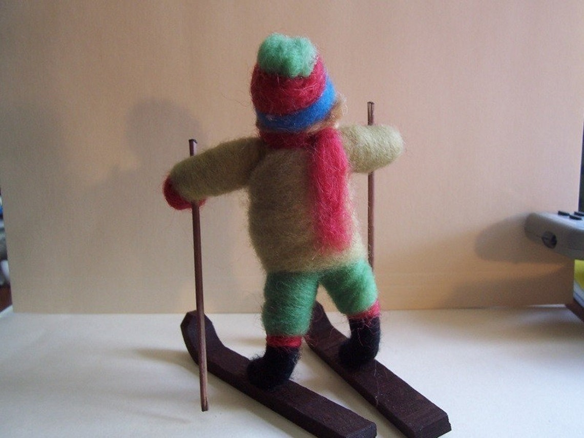 Miniature Wool Felted Skier with Wood Skis.. Made to Etsy
