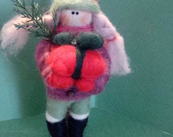 Little Girl With Christmas Presents Felted Wool Ornament...Made to Order...please check shipping time