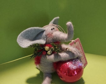 Gray Felted Wool Elephant with Red Bulb 3" Ornament