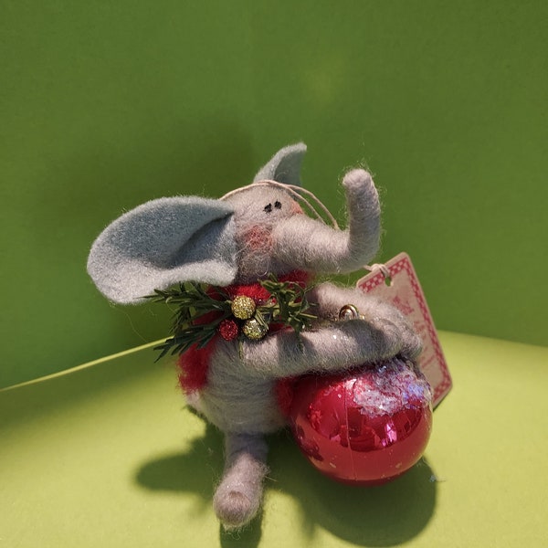Gray Felted Wool Elephant with Red Bulb 3" Ornament