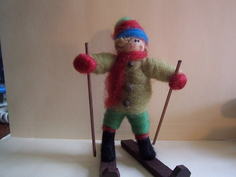 Miniature Wool Felted Skier with Wood Skis.. Made to Etsy