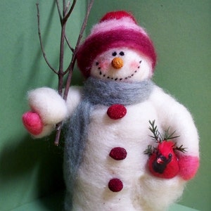 Snowy Pockets with Cardinal Felted  7 Inch Wool Snowman ....Made to Order.... Please check shipping time