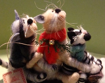 NEW - Three Cats on Sled Felted Wool Ornament