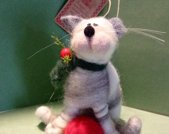 Felted Wool Kitten Ornament with Wool Ball - Made to Order