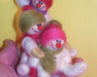 Three for the Snow Felted Wool Snowmen on Sled Ornament