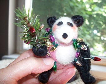 Panda in Christmas Lights Wool Wrapped and Felted Ornament