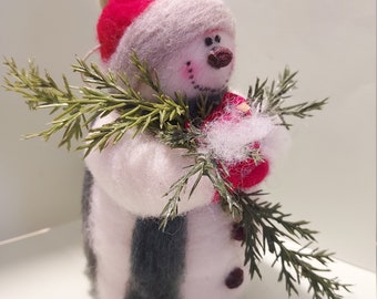 Buddy the Snowman Wool Wrapped and Needle Felted Snowman with Cardinal Ornament...Made To Order..Please check shipping time