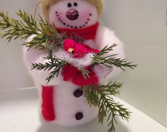 Buddy the Snowman Wool Wrapped and Needle Felted Snowman with Cardinal Ornament...Made To Order..Please check shipping time