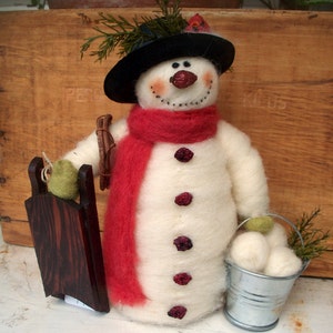 Wool Wrapped Snowman with Wooden Sled - Needle Felted 9 Inch Decoration