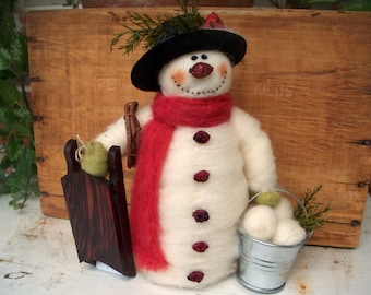 Sammy Snow Wool Wrapped/Needle Felted  9 Inch Snowman...Made to Order...please check shipping time