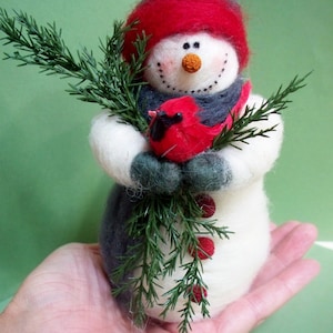 Buddy the Snowman 7 Inch Wool Wrapped and Needle Felted Snowman with Cardinal Ornament...Made To Order..Please check shipping time