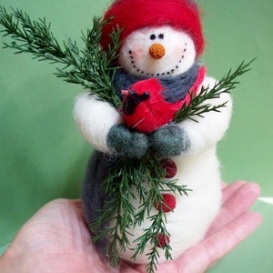 Needle Felted Snowman Ornament: Wool Wrapped Buddy with Cardinal