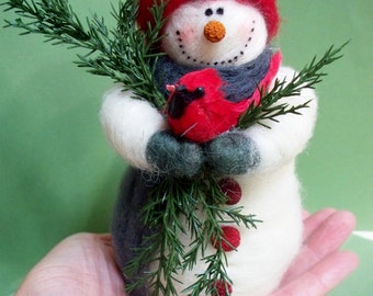 Buddy the Snowman 7 Inch Wool Wrapped and Needle Felted Snowman with Cardinal Ornament...Made To Order..Please check shipping time
