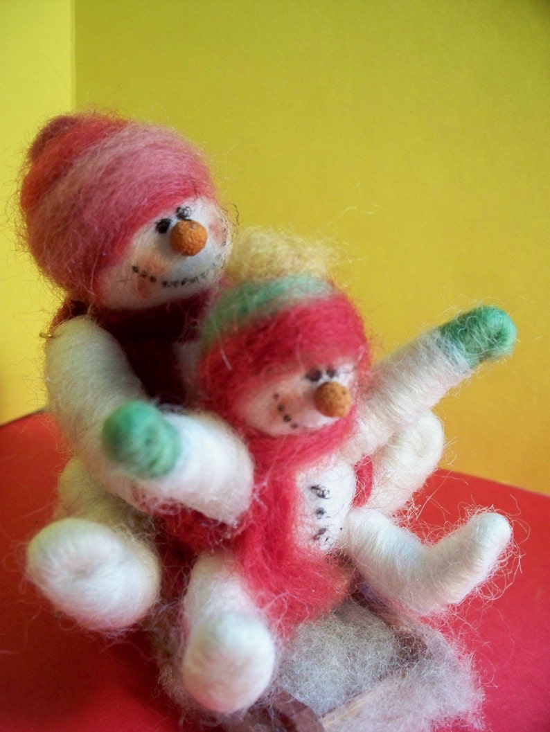 Mom and Baby Wool Snowmen on Sled 3 Ornament image 2
