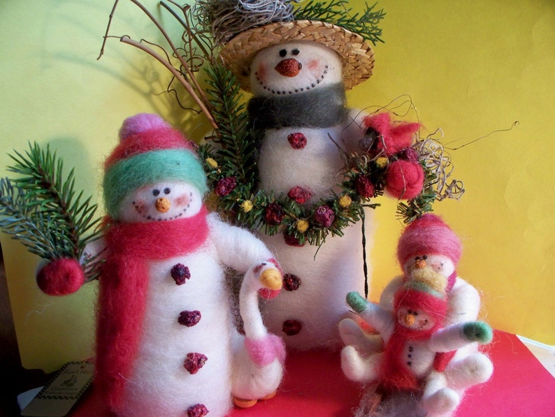 Mom and Baby Wool Snowmen on Sled 3 Ornament image 5