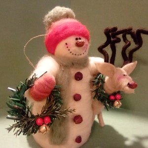 Felted Wool Snowman and Reindeer Ornament image 2