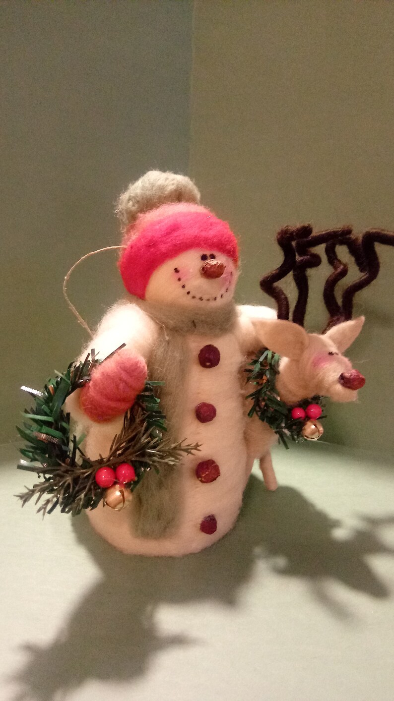 Felted Wool Snowman and Reindeer Ornament image 2