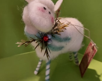 Candycane Sheep With Aqua Scarf and Aqua Striped Legs Wool Wrapped/Needle Felted Ornament