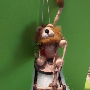 Lion on Wooden Sled Wool Wrapped and Felted Wool Ornament