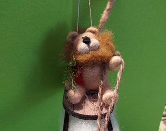Lion on Wooden Sled Wool Wrapped and Felted Wool Ornament