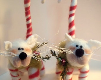 Candycane Cat (1) Wool Wrapped/Needle Felted Ornament Made to Order....please check shipping time