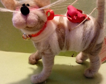 Kitty Cat and Cardinal Christmas Felted Wool Ornament