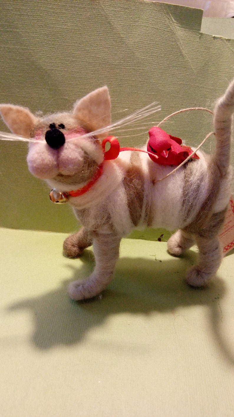 Kitty Cat and Cardinal Christmas Felted Wool Ornament image 1