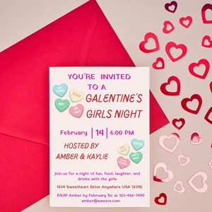 Galentine's Girls Night Out Celebration, uitnodiging voor feest Pink Galentine's, Gal Pals Bash, Sweet Candy Hearts Galentine's Day Party