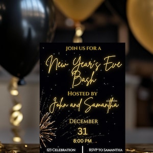 Fiesta de Nochevieja, Canva de Nochevieja, invitación digital editable, invitación para fiesta de fin de año, plantilla para celebración de días festivos