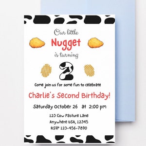 May include: A birthday invitation with a cow print background. The invitation says "Our little Nugget is turning 2. Come join us for some fun to celebrate Charlie's Second Birthday! Saturday October 26 at 2:00 pm. 123 Cow Pasture Lane, Anywhere USA, 12345. RSVP 123-456-7890."