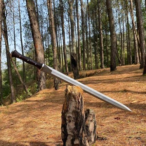 Könnte beinhalten: Ein langes, silbernes Schwert mit einem dunkelbraunen Holzgriff liegt auf einem Baumstumpf in einem Wald.