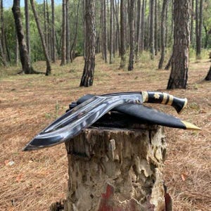 May include: A large, curved blade knife with a black handle and a gold-colored accent. The blade is shiny and reflective. The knife is resting on a tree stump in a forest setting.