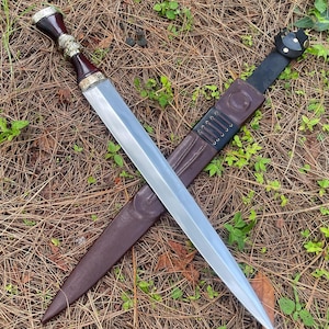 May include: A silver and red dagger with a leather sheath. The dagger has a decorative handle and a sharp blade. The sheath is brown leather with black stitching.