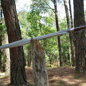 Puede incluir: Una espada plateada con un mango de madera marrón está apoyada en un tronco de árbol en un entorno boscoso.