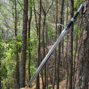 May include: A silver sword with a black handle is leaning against a tree trunk in a forest setting.