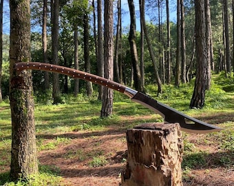 Hand-Forged Carbon Steel Bushcraft Axe | Woodcutting Sword, Leather Sheath