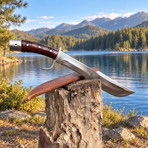 May include: A fixed-blade knife with a polished steel blade, a dark brown wooden handle with silver rivets, and a silver pommel. The knife rests on a brown leather sheath, which is placed on top of a weathered, textured wooden tree stump.