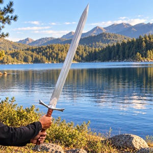 May include: A double-edged steel sword with a pointed tip, a silver crossguard, and a brown leather-wrapped grip. The blade features a central fuller running down the length of the metal, ending in a flared pommel at the base of the handle.