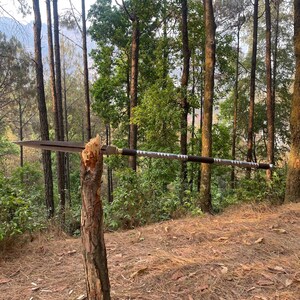 May include: A silver and black spear with a wooden handle is propped against a tree trunk in a forest setting.
