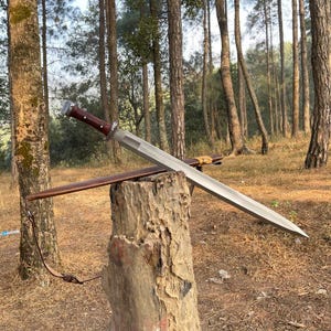 May include: A silver sword with a brown leather-wrapped handle and a matching sheath rests on a tree stump. The sword has a wide, flat blade and a decorative hilt. The background features a forest setting.