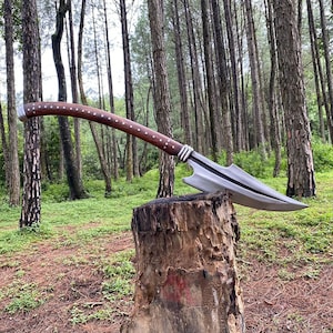 May include: A long, silver-colored spear with a wooden handle and a decorative pattern. The spear is resting on a tree stump in a forest setting.