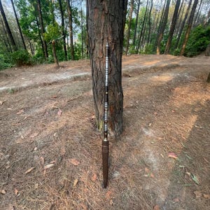 May include: A brown wooden walking stick with silver accents and a leather wrap. The stick is leaning against a tree in a forest setting.